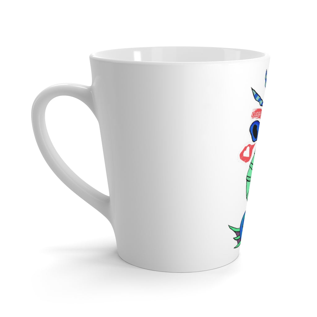 Scribbler's Seahorse Latte Mug featuring a vibrant seahorse design on durable white ceramic.