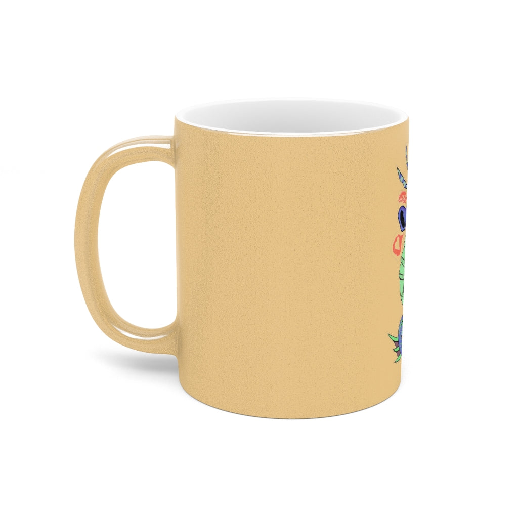 Scribbler's Seahorse Metallic Mug in Silver and Gold, showcasing personalized designs and a stylish C-handle.