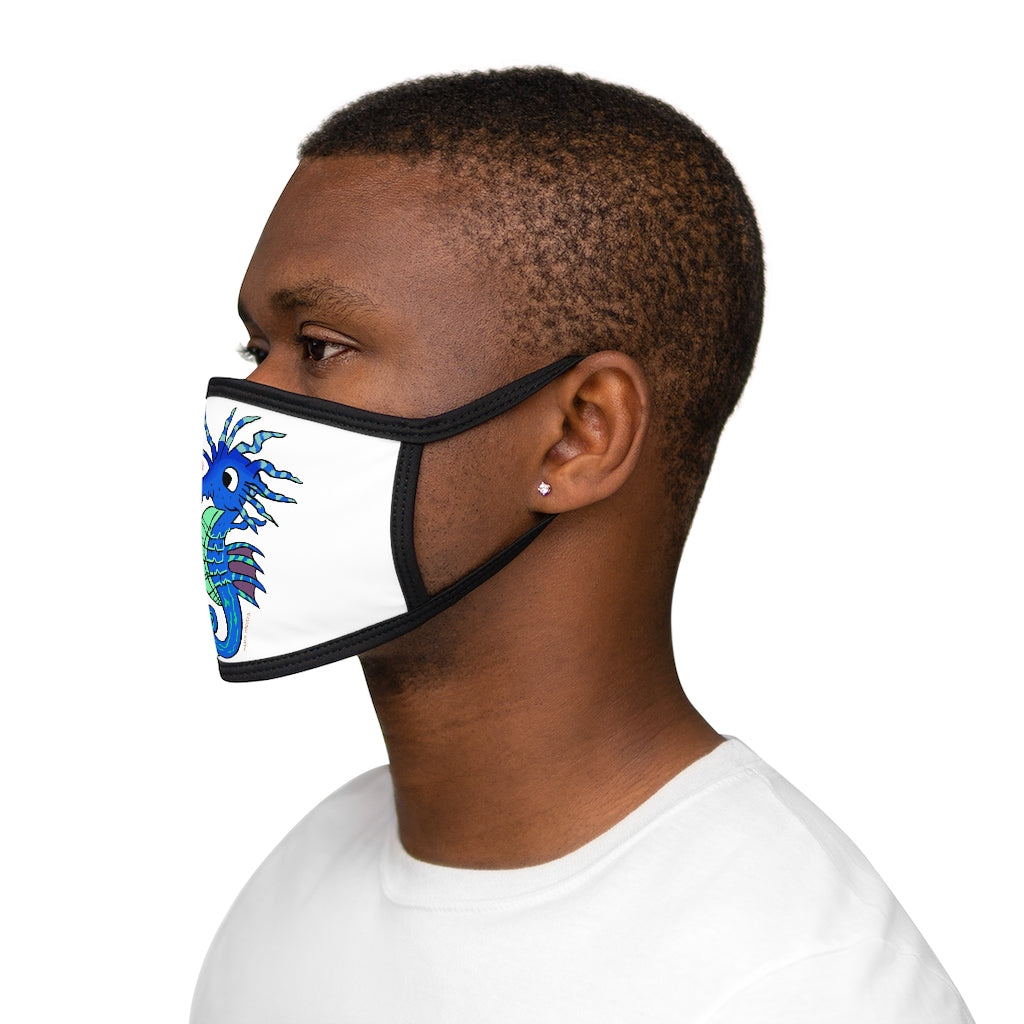 Scribblers the Seahorse Mixed-Fabric Face Mask featuring a unique seahorse design with a black outer edge and earloops.