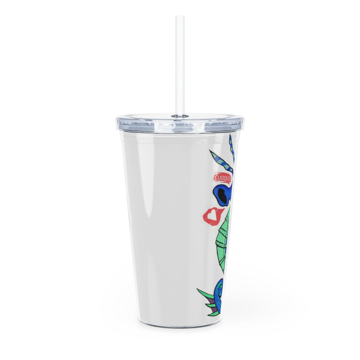 Scribblers Seahorse Plastic Tumbler with Straw, featuring a vibrant seahorse design and a lid for mess-free drinking.
