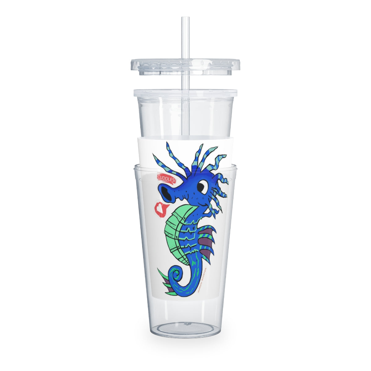 Scribblers Seahorse Plastic Tumbler with Straw, featuring a vibrant seahorse design and a lid for mess-free drinking.