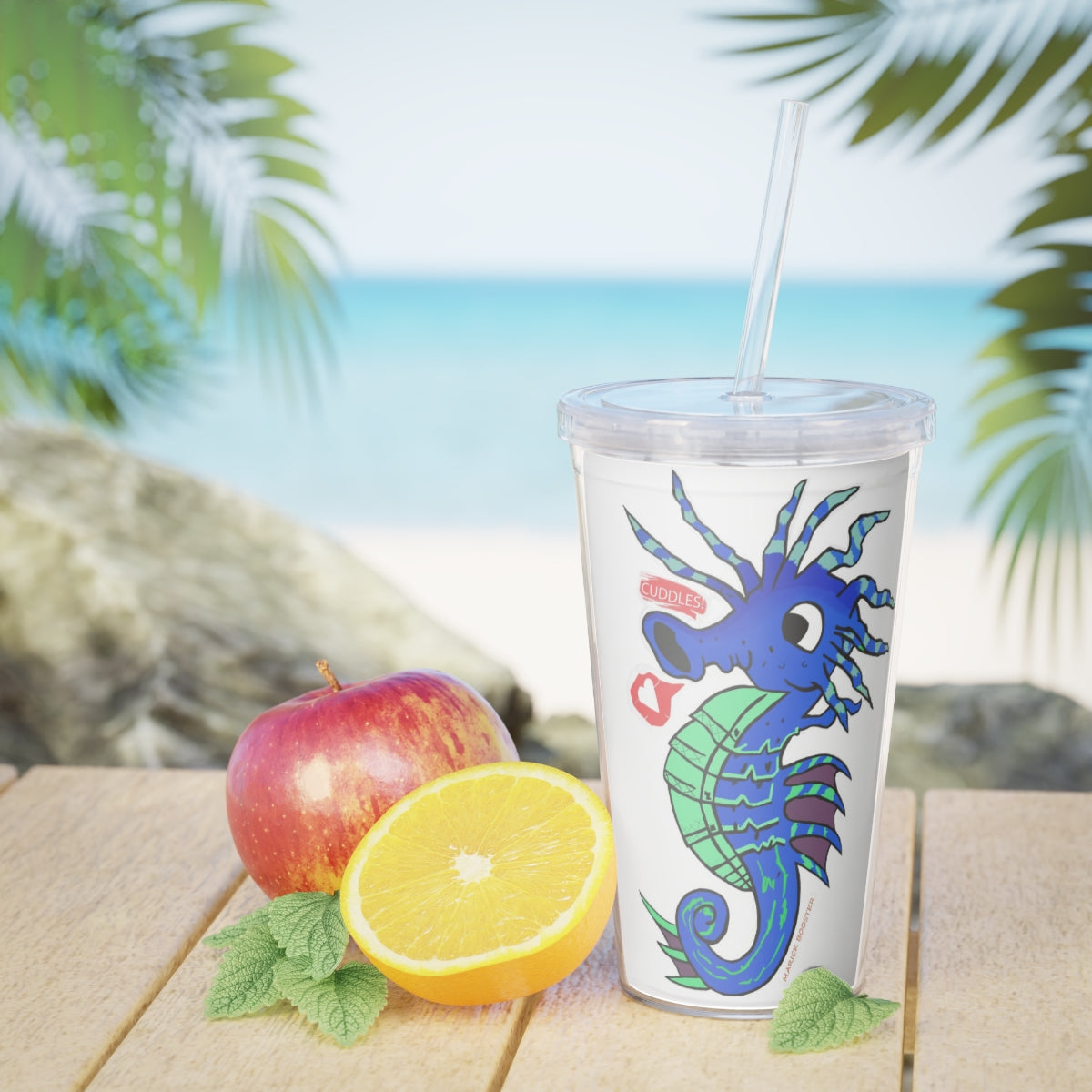 Scribblers Seahorse Plastic Tumbler with Straw, featuring a vibrant seahorse design and a lid for mess-free drinking.
