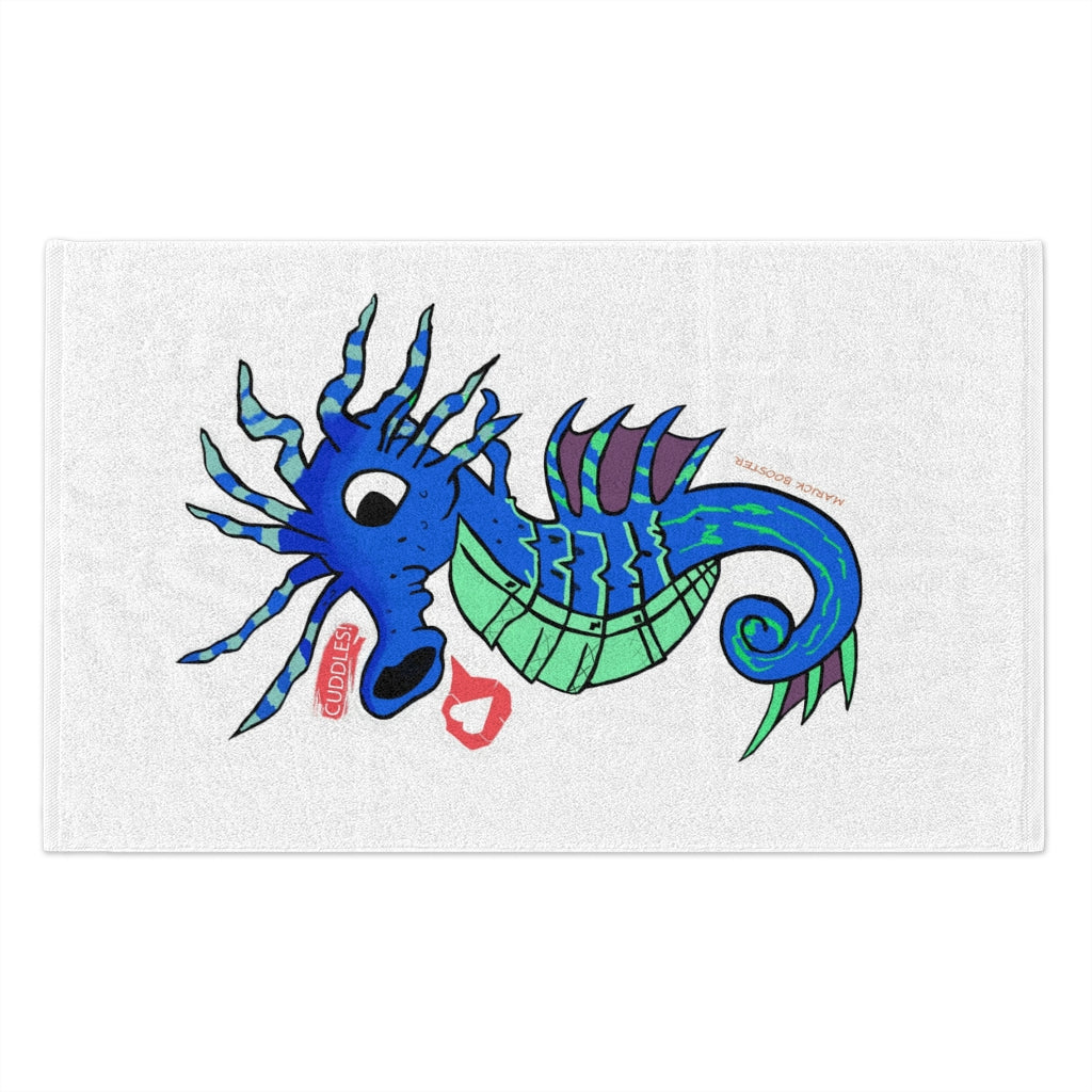 Scribbler's Seahorse Rally Towel featuring a soft printed mink polyester front and absorbent cotton backing, measuring 11x18 inches.