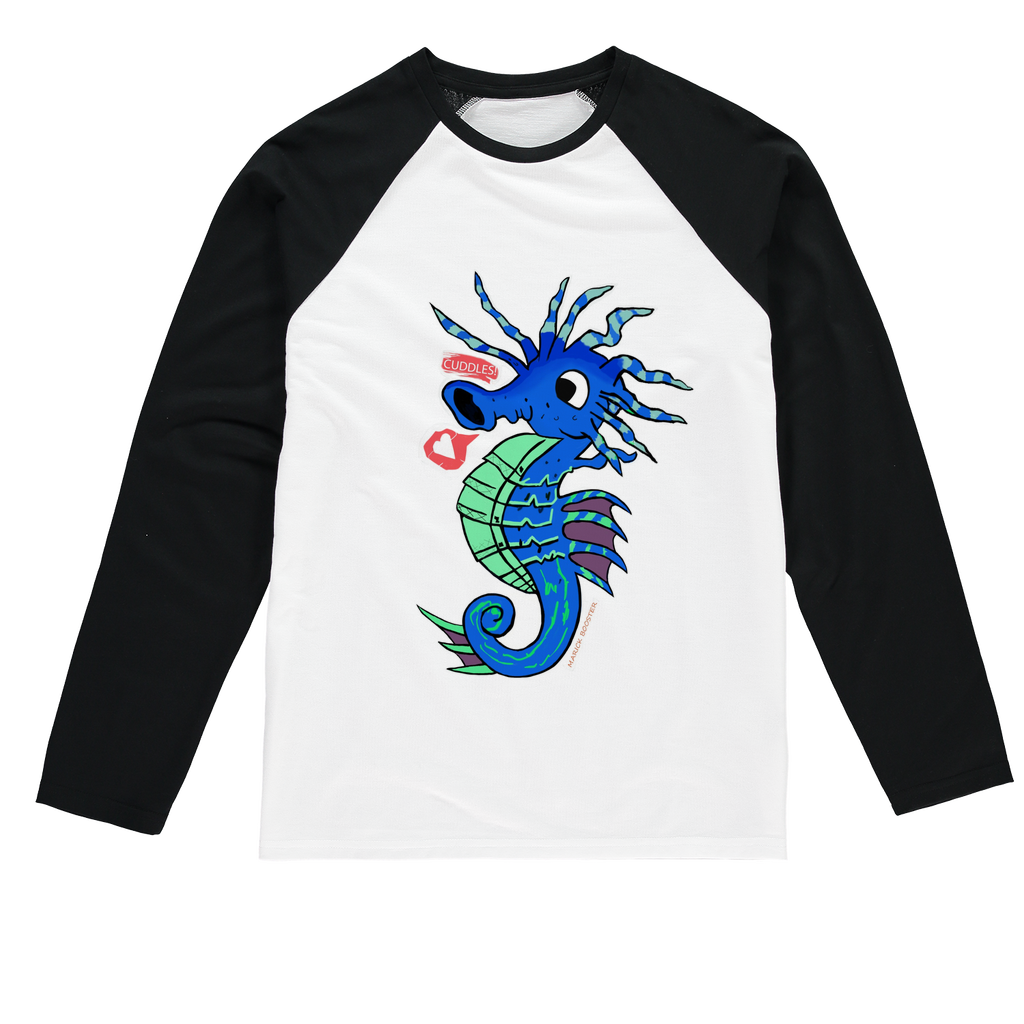 Scribblers the Seahorse Sublimation Baseball Long Sleeve T-Shirt featuring vibrant colors and a stylish design, perfect for sublimation printing.