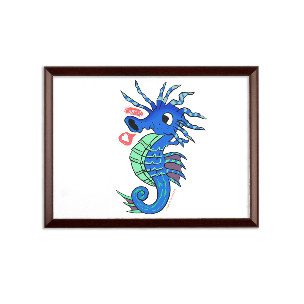 Scribblers the Seahorse Sublimation Wall Plaque with a brown wooden frame and white printable surface, showcasing customizable design options.