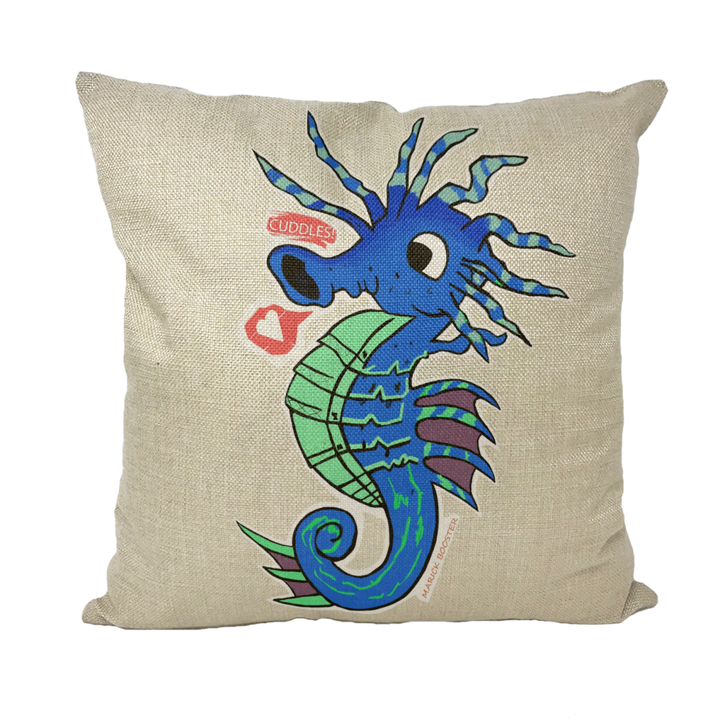 Scribblers the Seahorse Throw Pillows featuring unique seahorse designs in various styles including linen, canvas, and suede.