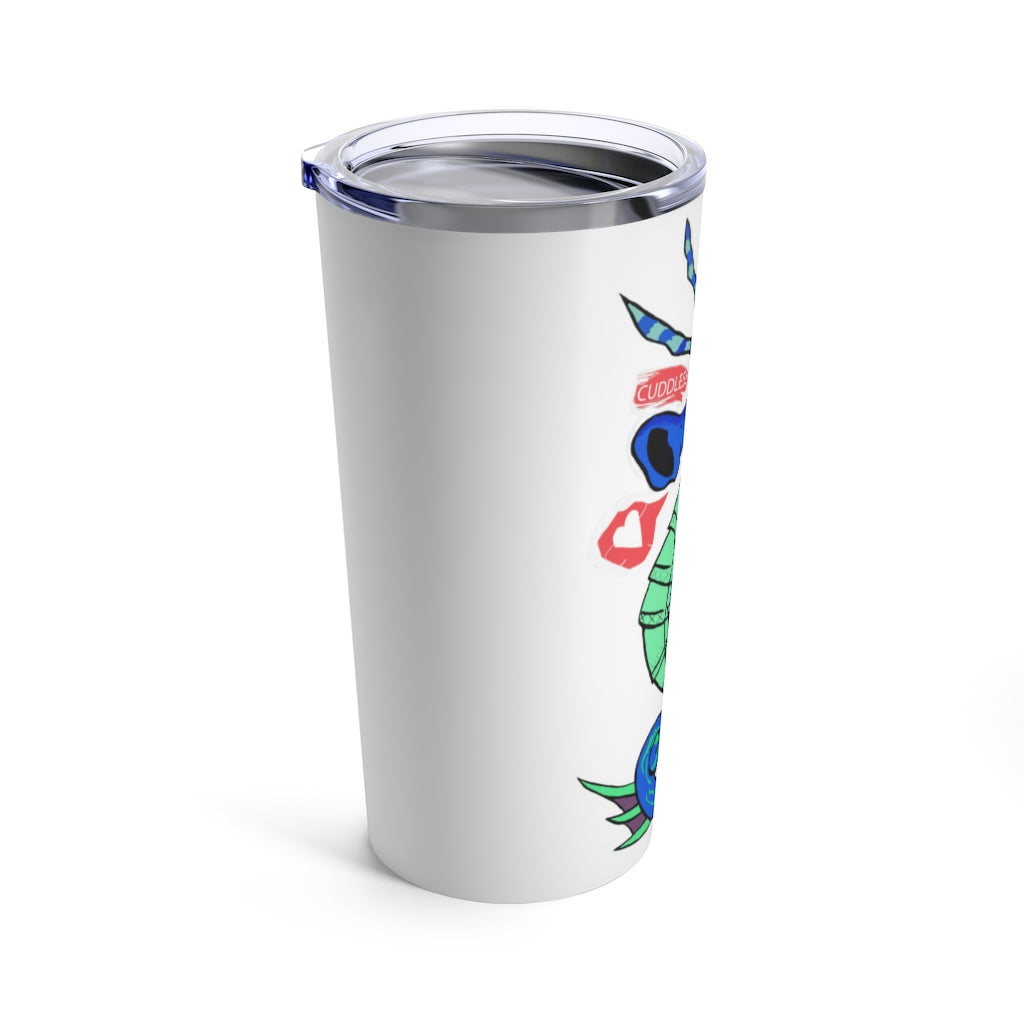 Scribblers the Seahorse Tumbler 20oz in stainless steel with a seahorse design and a see-thru plastic lid, showcasing its stylish and durable features.