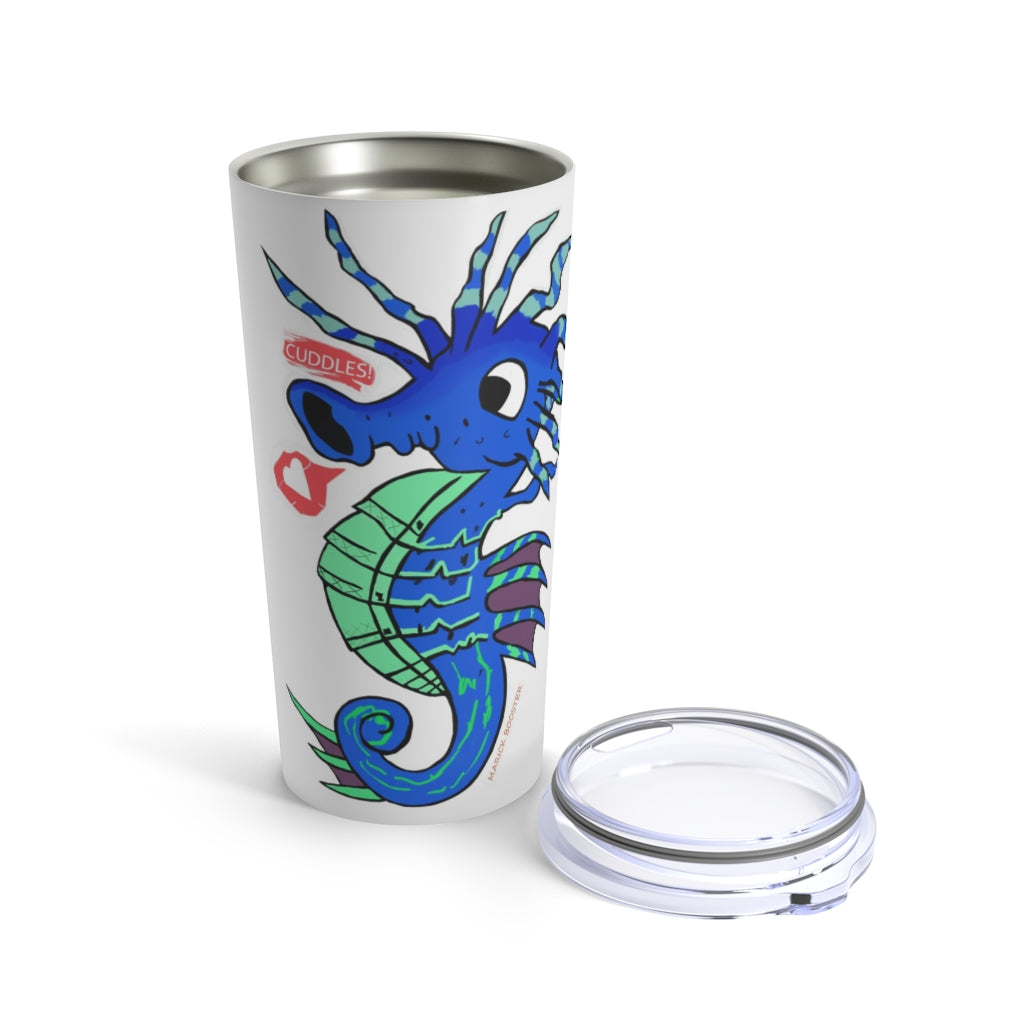 Scribblers the Seahorse Tumbler 20oz in stainless steel with a seahorse design and a see-thru plastic lid, showcasing its stylish and durable features.