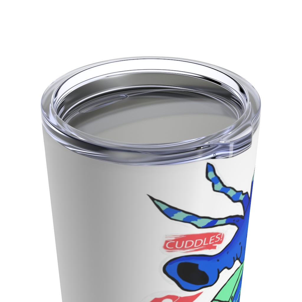 Scribblers the Seahorse Tumbler 20oz in stainless steel with a seahorse design and a see-thru plastic lid, showcasing its stylish and durable features.