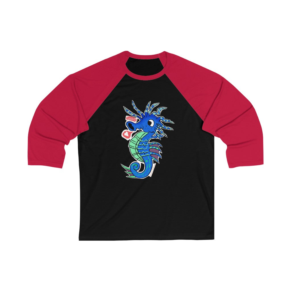 Scribblers the Seahorse Unisex 3/4 Sleeve Baseball Tee showcasing vibrant colors and a stylish design, perfect for custom printing.