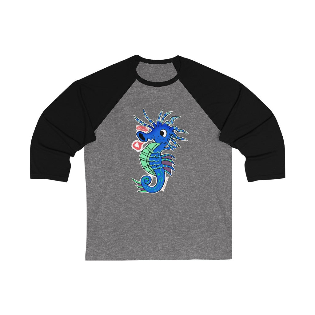 Scribblers the Seahorse Unisex 3/4 Sleeve Baseball Tee showcasing vibrant colors and a stylish design, perfect for custom printing.