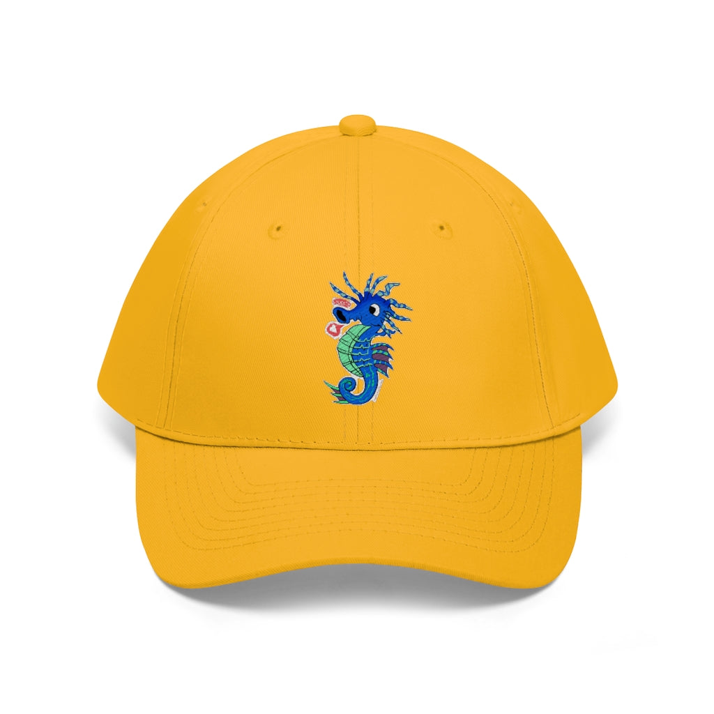 Scribblers the Seahorse Unisex Twill Hat in cotton twill, featuring a classic 6-panel design and adjustable Velcro closure.