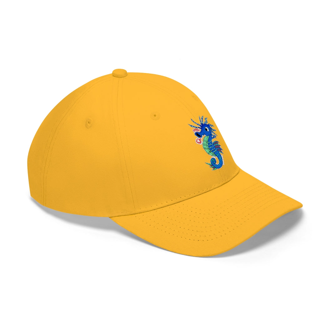 Scribblers the Seahorse Unisex Twill Hat in cotton twill, featuring a classic 6-panel design and adjustable Velcro closure.