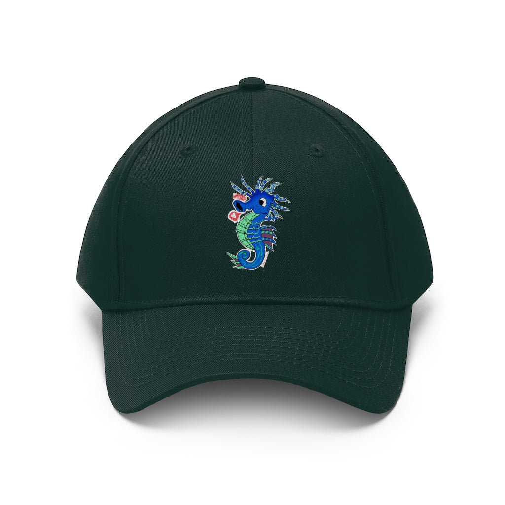 Scribblers the Seahorse Unisex Twill Hat in cotton twill, featuring a classic 6-panel design and adjustable Velcro closure.