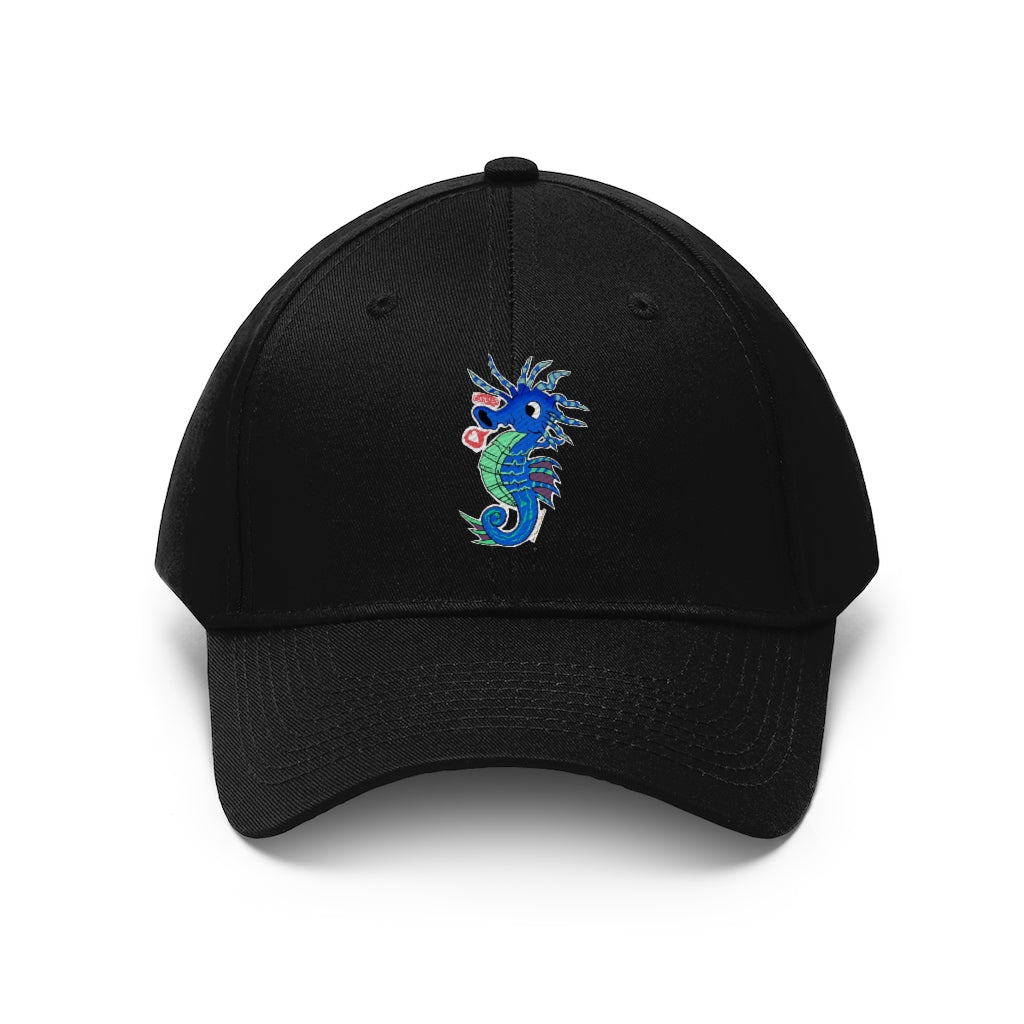 Scribblers the Seahorse Unisex Twill Hat in cotton twill, featuring a classic 6-panel design and adjustable Velcro closure.