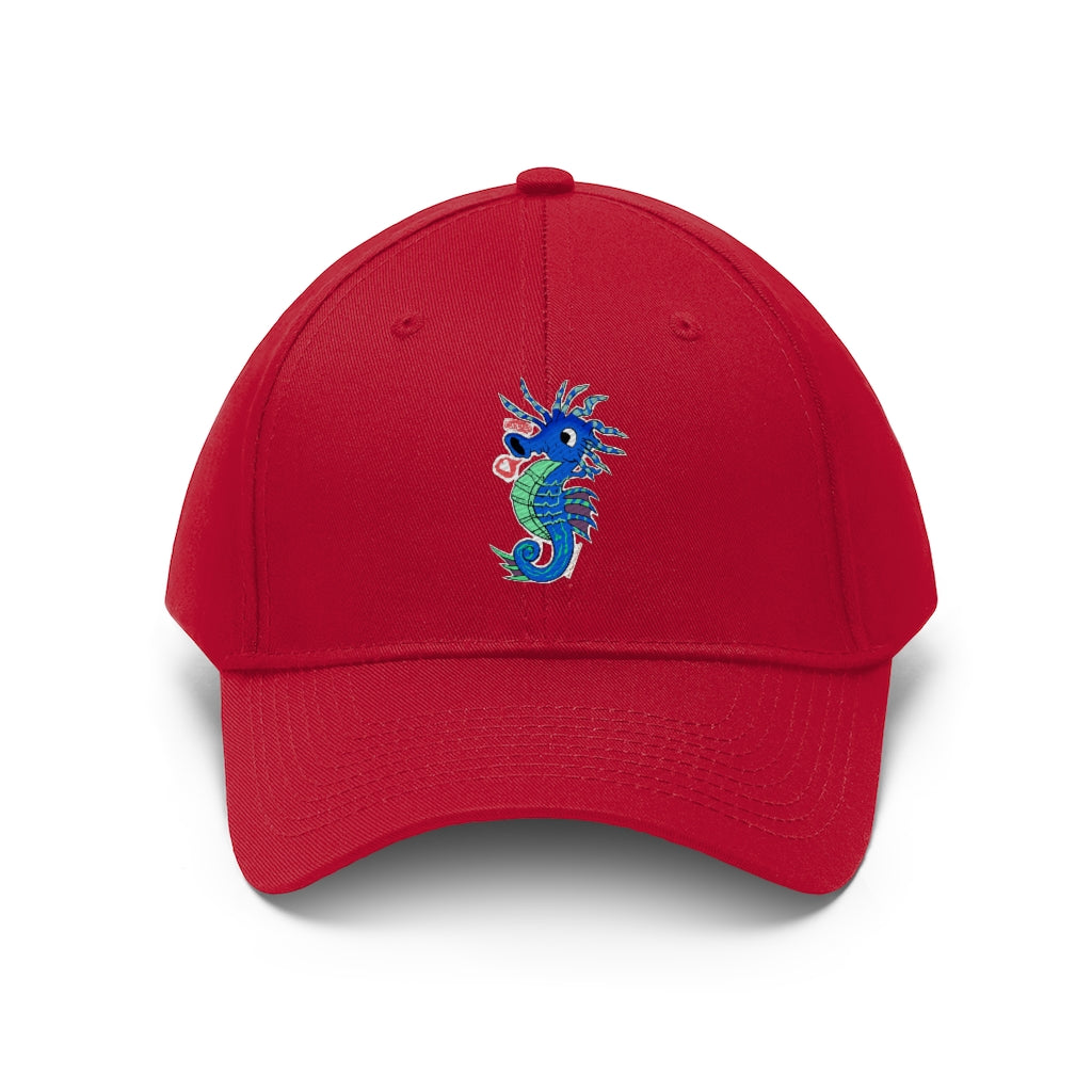 Scribblers the Seahorse Unisex Twill Hat in cotton twill, featuring a classic 6-panel design and adjustable Velcro closure.