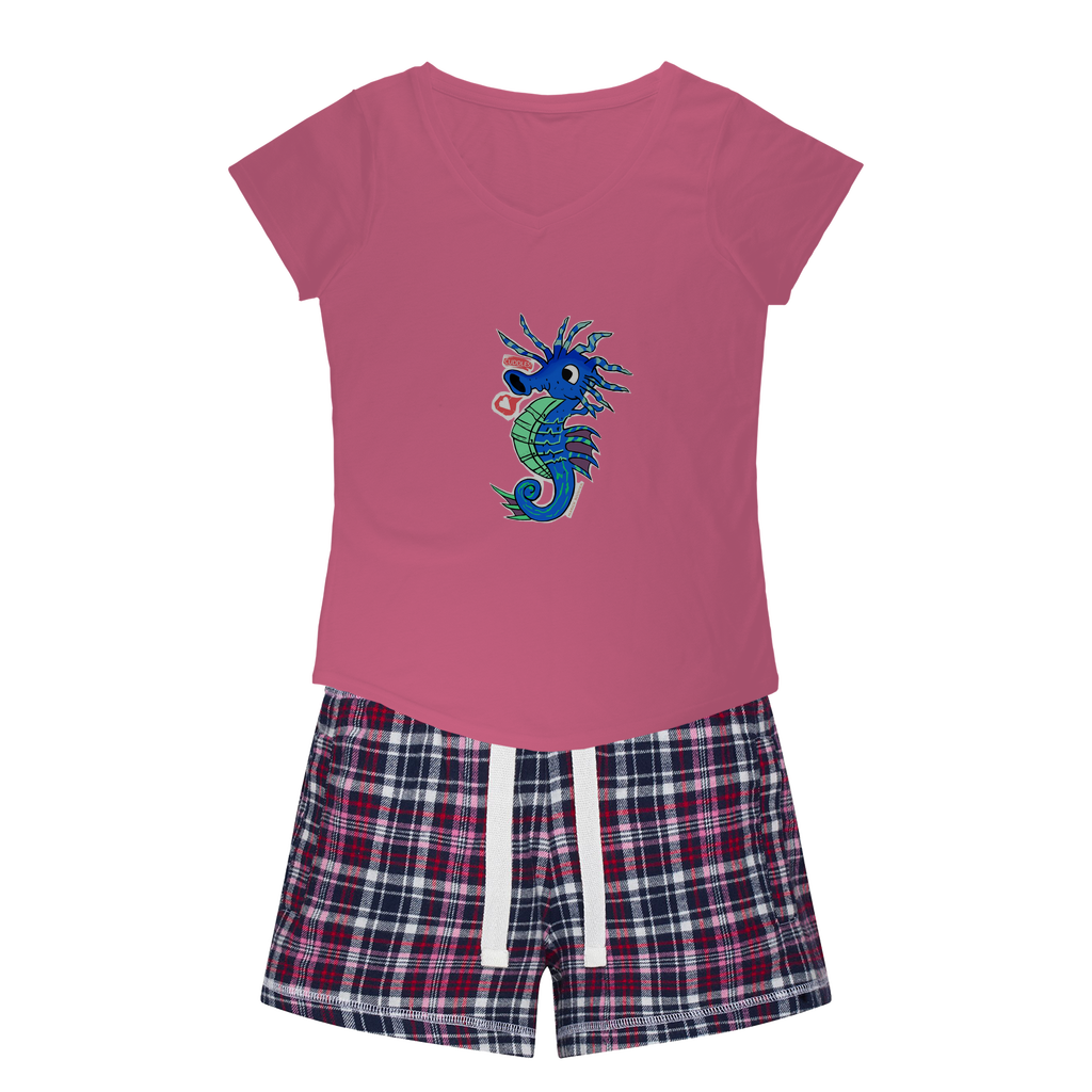 Scribblers the Seahorse Women's Sleepy Tee and Flannel Short set featuring a relaxed fit T-shirt and vibrant flannel shorts, perfect for cozy nights.