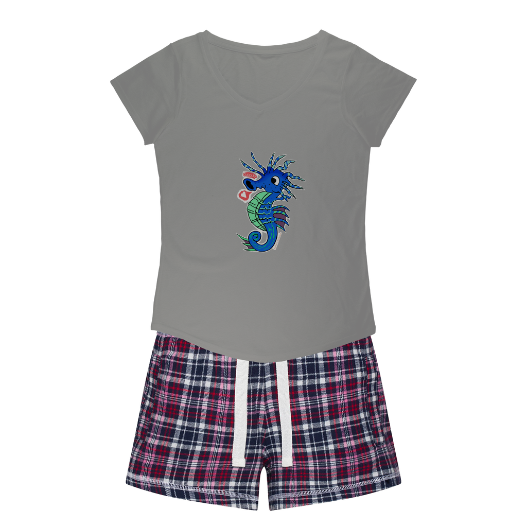 Scribblers the Seahorse Women's Sleepy Tee and Flannel Short set featuring a relaxed fit T-shirt and vibrant flannel shorts, perfect for cozy nights.