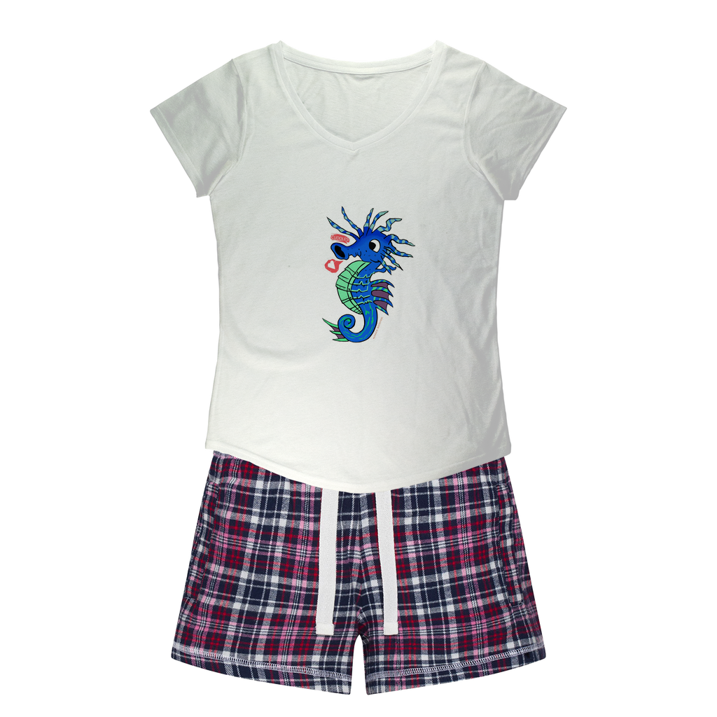 Scribblers the Seahorse Women's Sleepy Tee and Flannel Short set featuring a relaxed fit T-shirt and vibrant flannel shorts, perfect for cozy nights.