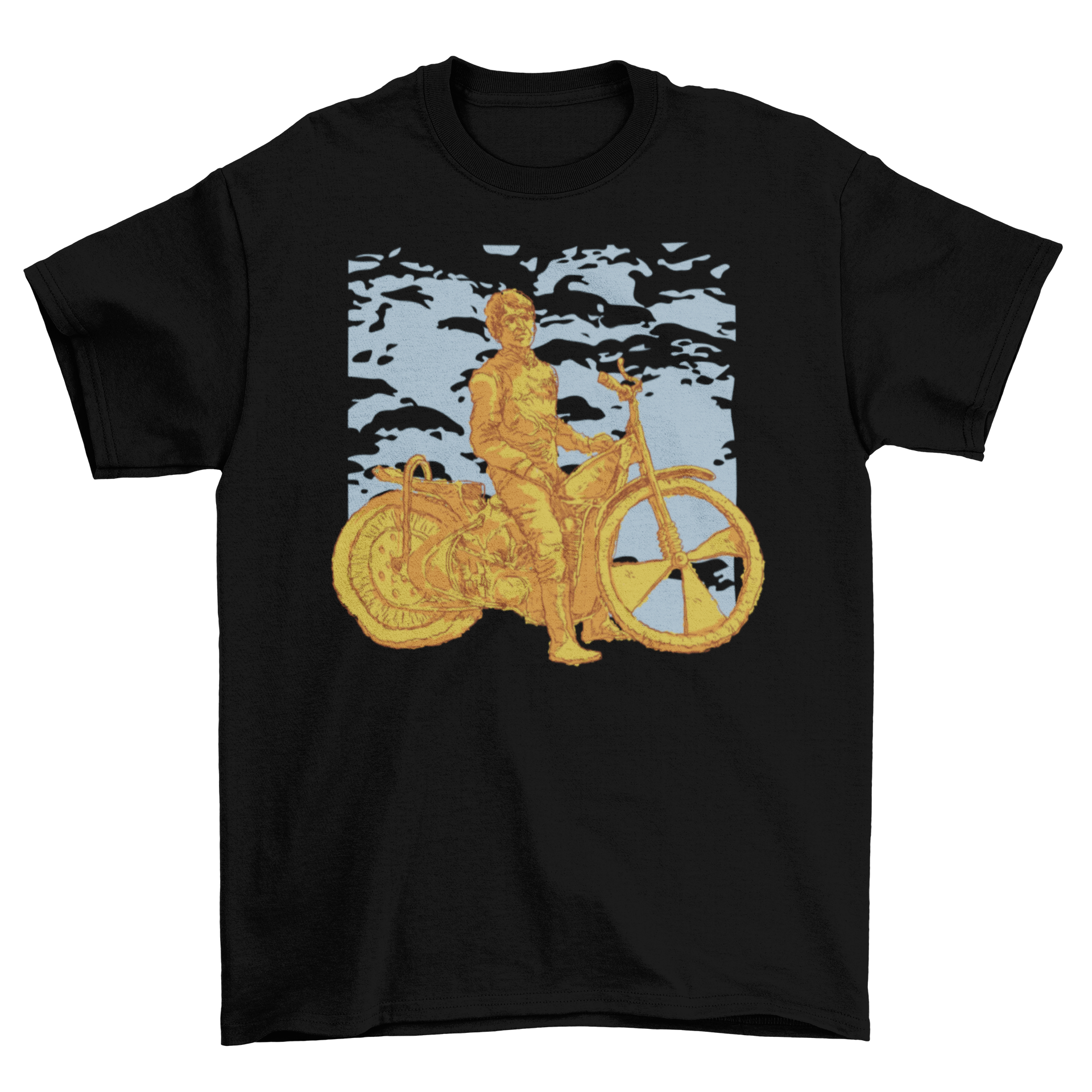 A detailed sculpture of a man wearing a bike t-shirt, riding a bicycle, showcasing dynamic movement and artistic craftsmanship.