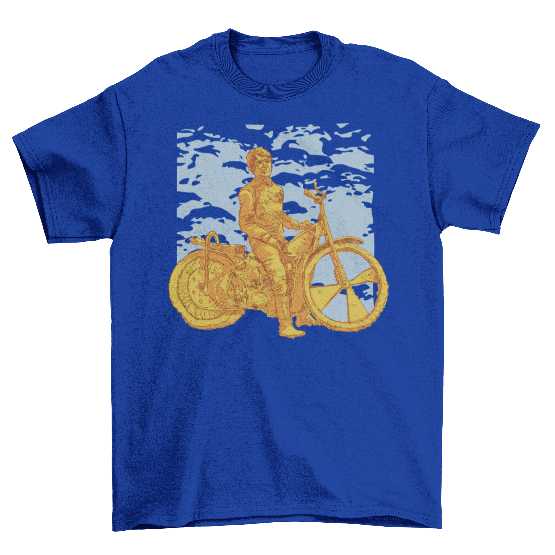 A detailed sculpture of a man wearing a bike t-shirt, riding a bicycle, showcasing dynamic movement and artistic craftsmanship.