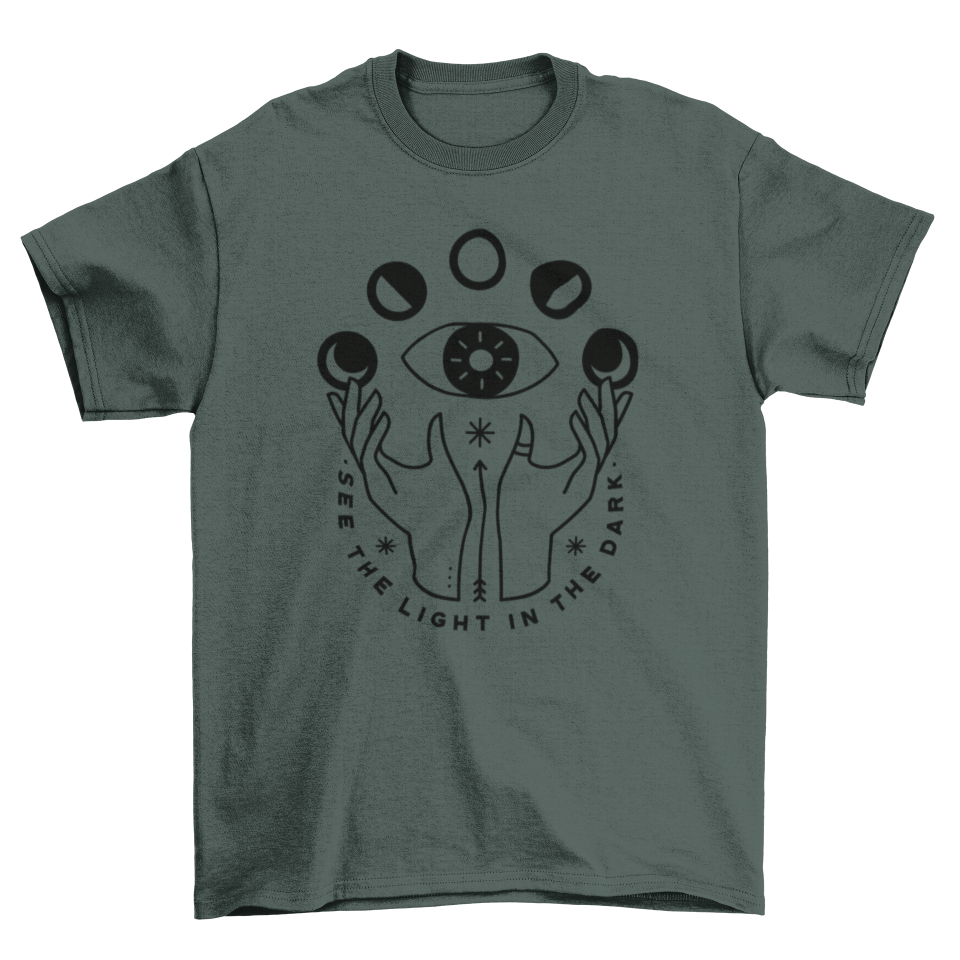 Esoteric t-shirt featuring hands and moon phases with the quote 'See the light in the dark'.
