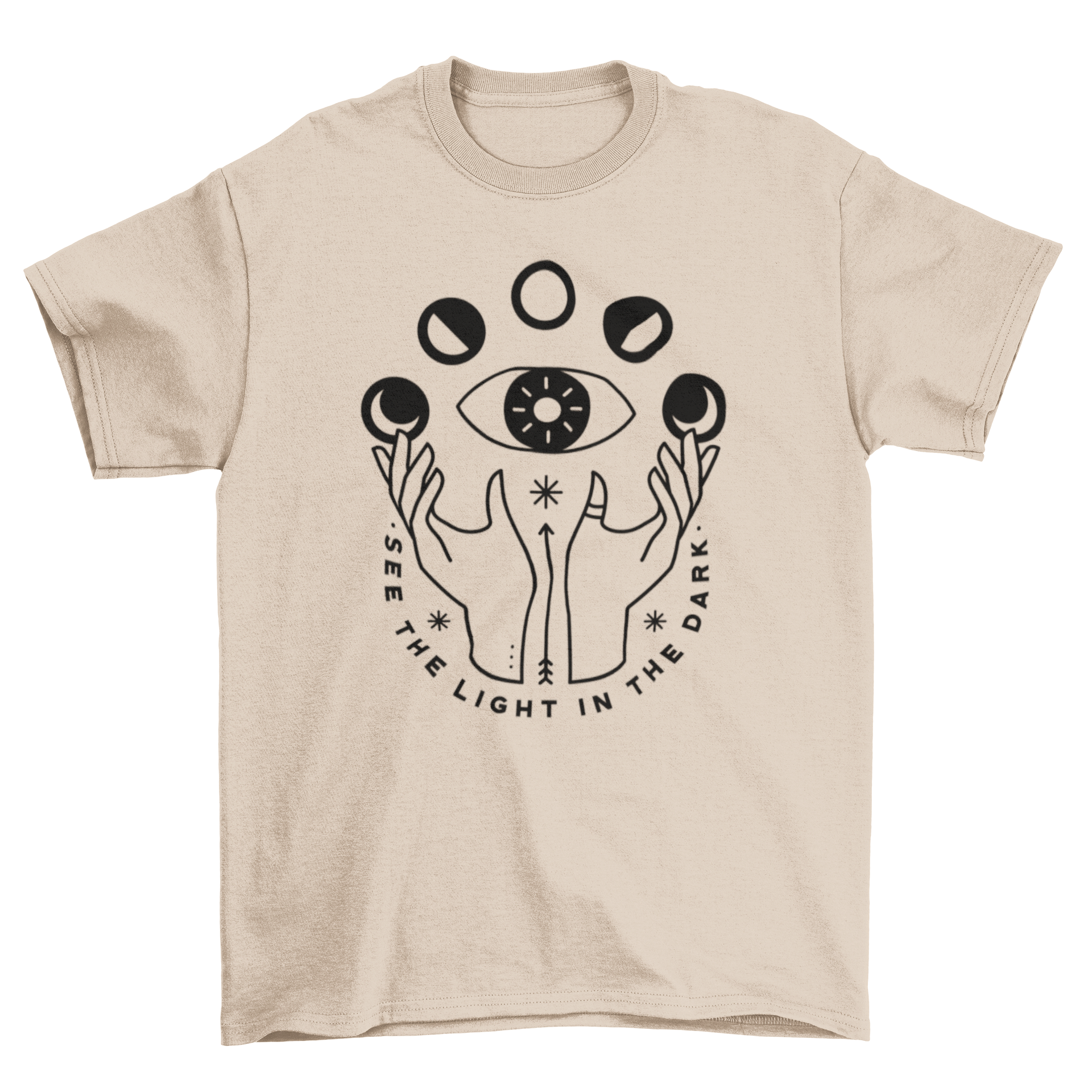 Esoteric t-shirt featuring hands and moon phases with the quote 'See the light in the dark'.