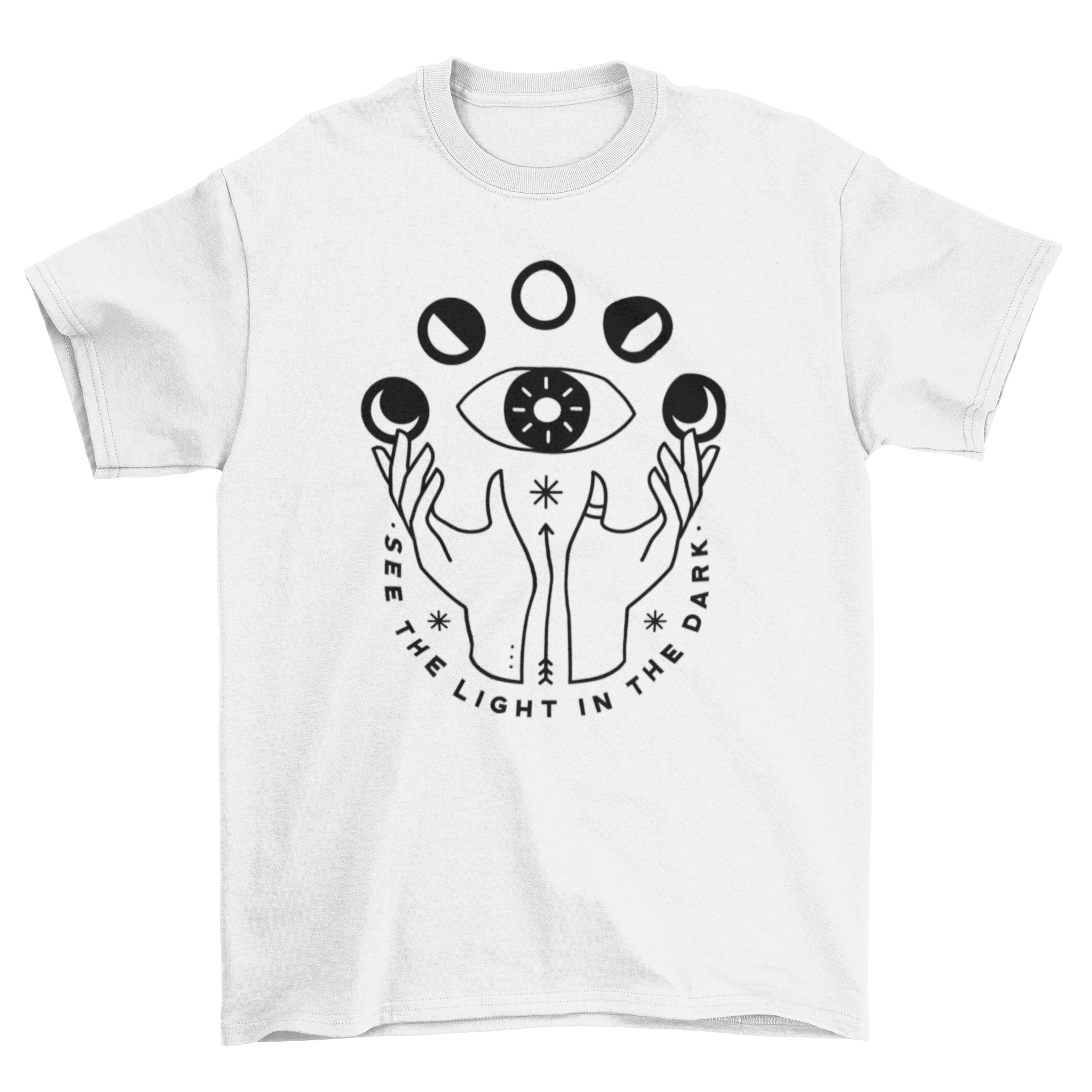 Esoteric t-shirt featuring hands and moon phases with the quote 'See the light in the dark'.