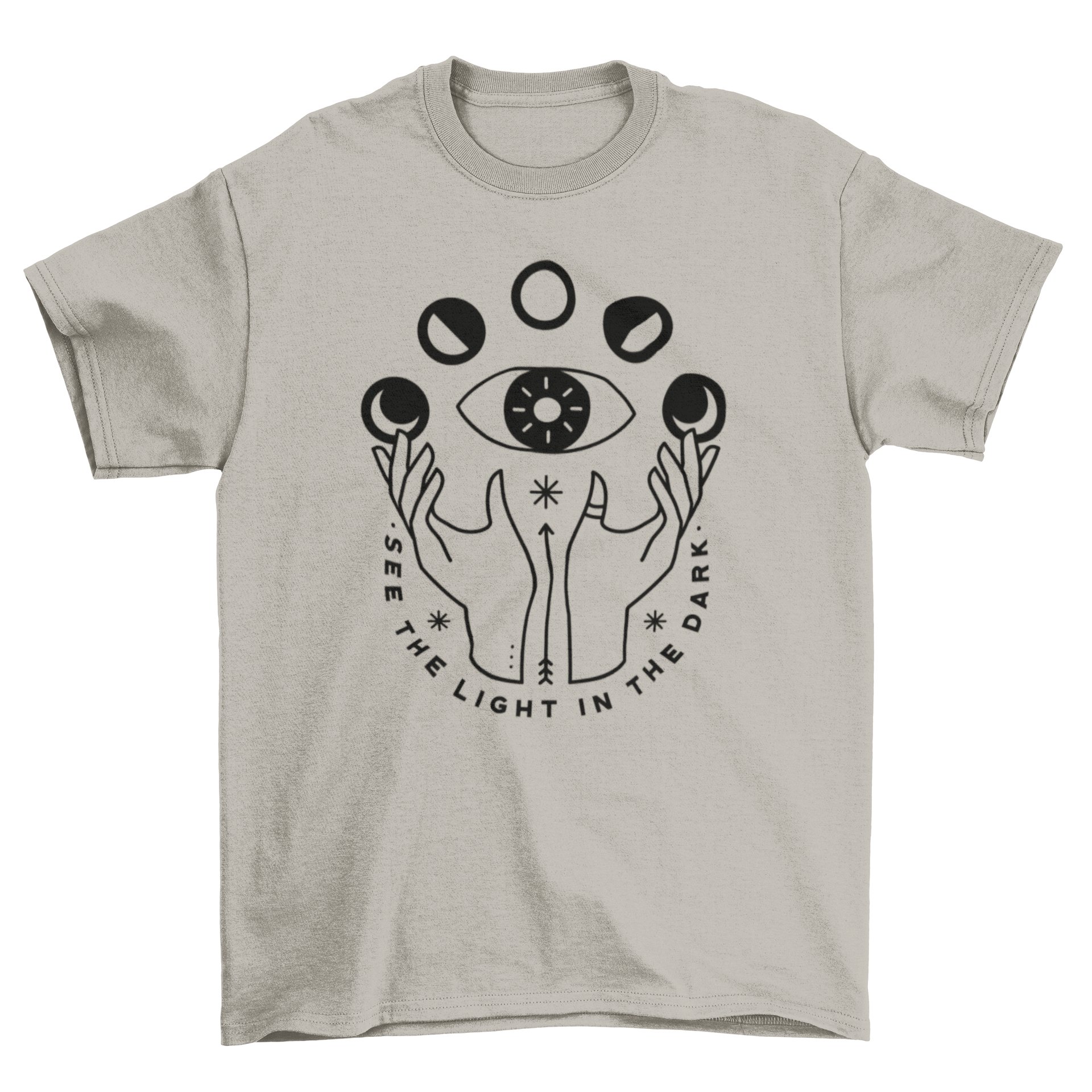 Esoteric t-shirt featuring hands and moon phases with the quote 'See the light in the dark'.