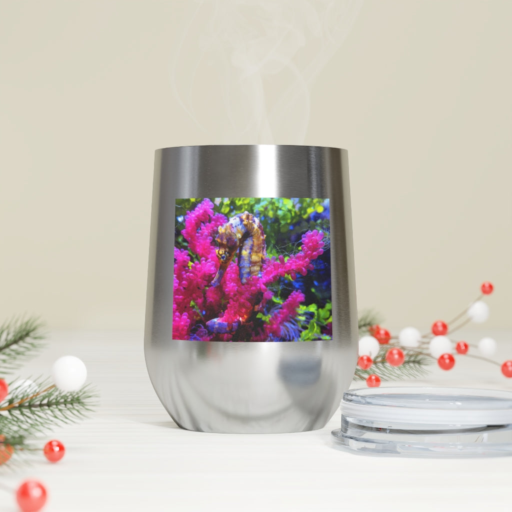 Seahorse 12oz Insulated Wine Tumbler with clear lid, showcasing stylish design and stainless steel finish.