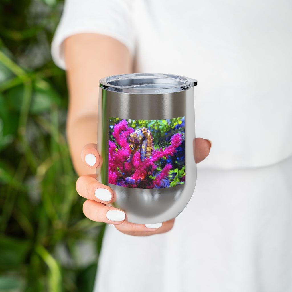 Seahorse 12oz Insulated Wine Tumbler with clear lid, showcasing stylish design and stainless steel finish.