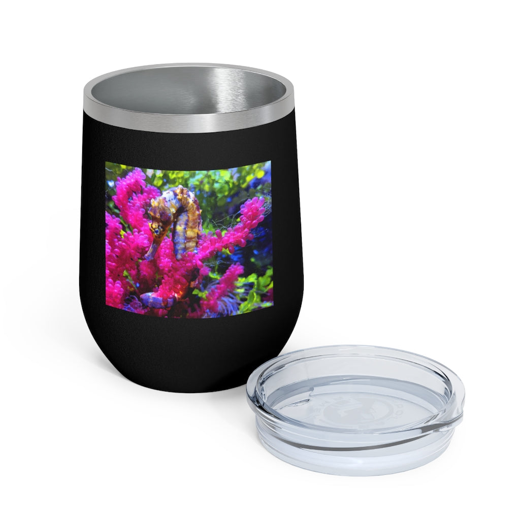 Seahorse 12oz Insulated Wine Tumbler with clear lid, showcasing stylish design and stainless steel finish.