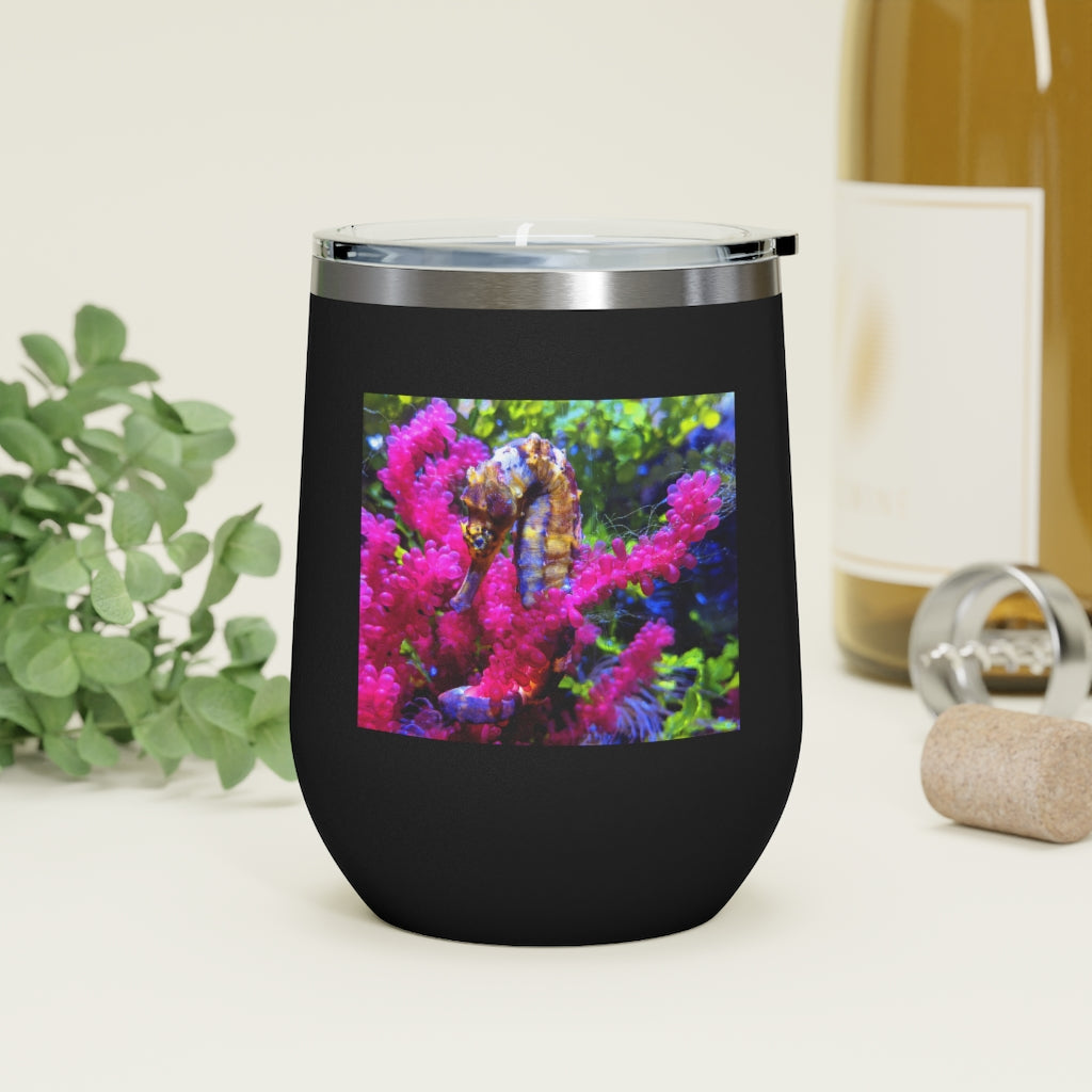 Seahorse 12oz Insulated Wine Tumbler with clear lid, showcasing stylish design and stainless steel finish.