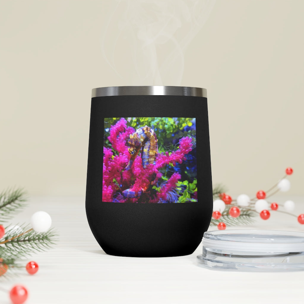 Seahorse 12oz Insulated Wine Tumbler with clear lid, showcasing stylish design and stainless steel finish.