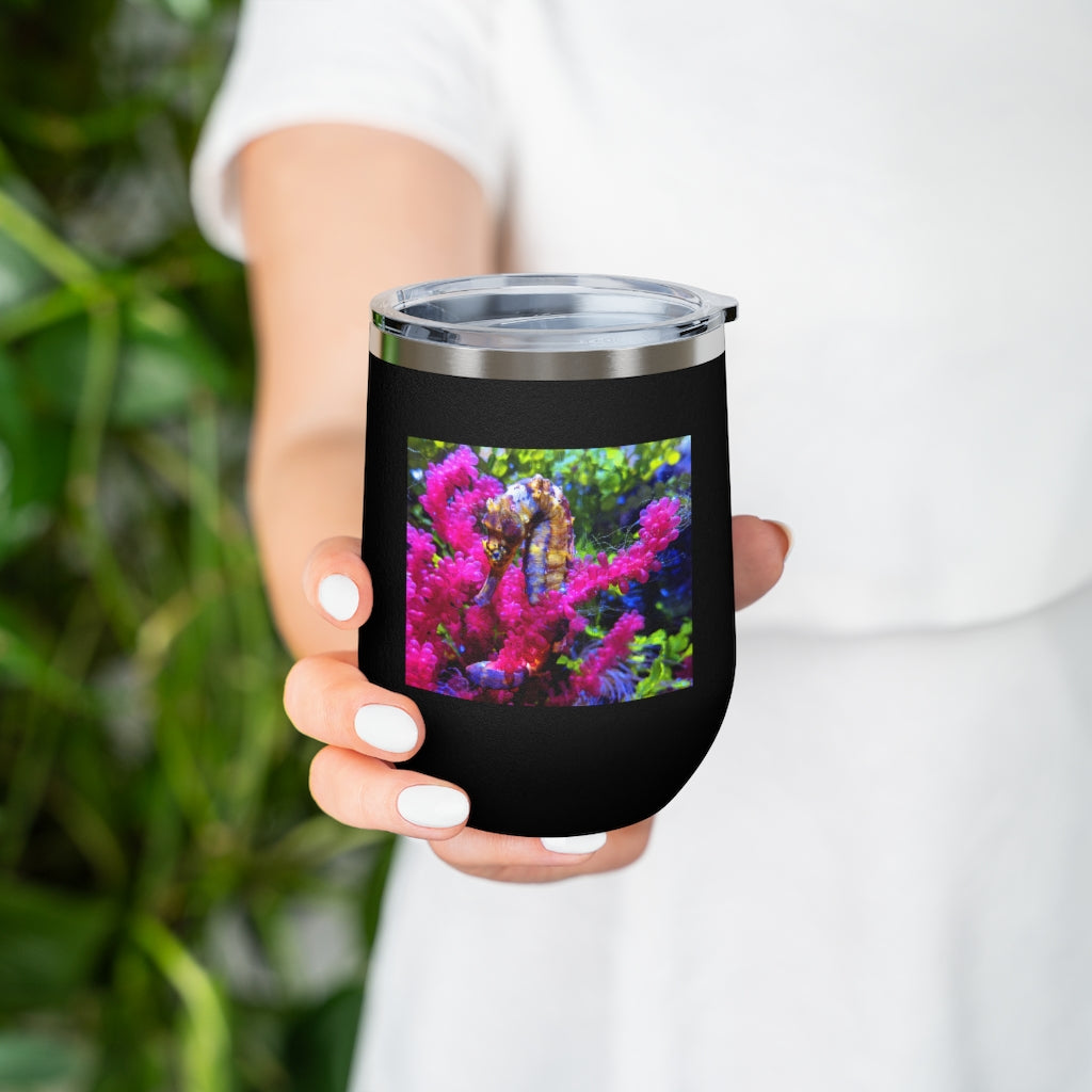 Seahorse 12oz Insulated Wine Tumbler with clear lid, showcasing stylish design and stainless steel finish.