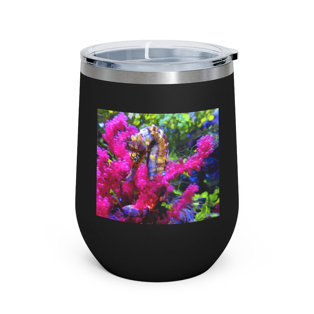 Seahorse 12oz Insulated Wine Tumbler with clear lid, showcasing stylish design and stainless steel finish.
