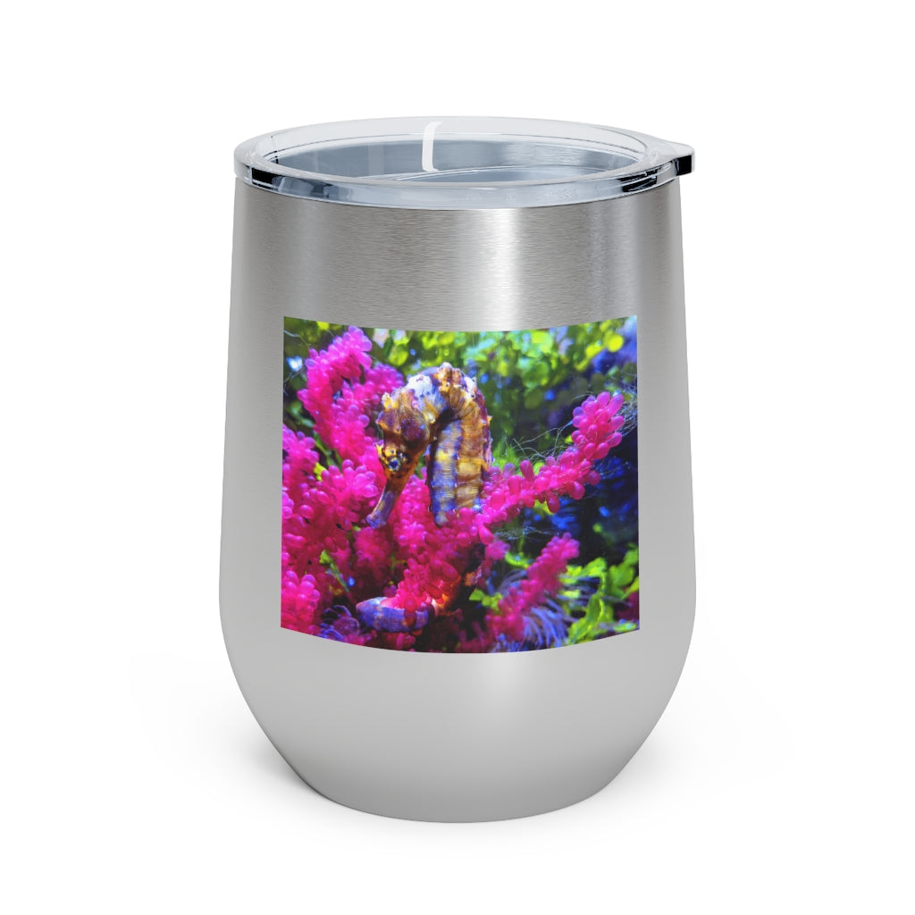 Seahorse 12oz Insulated Wine Tumbler with clear lid, showcasing stylish design and stainless steel finish.