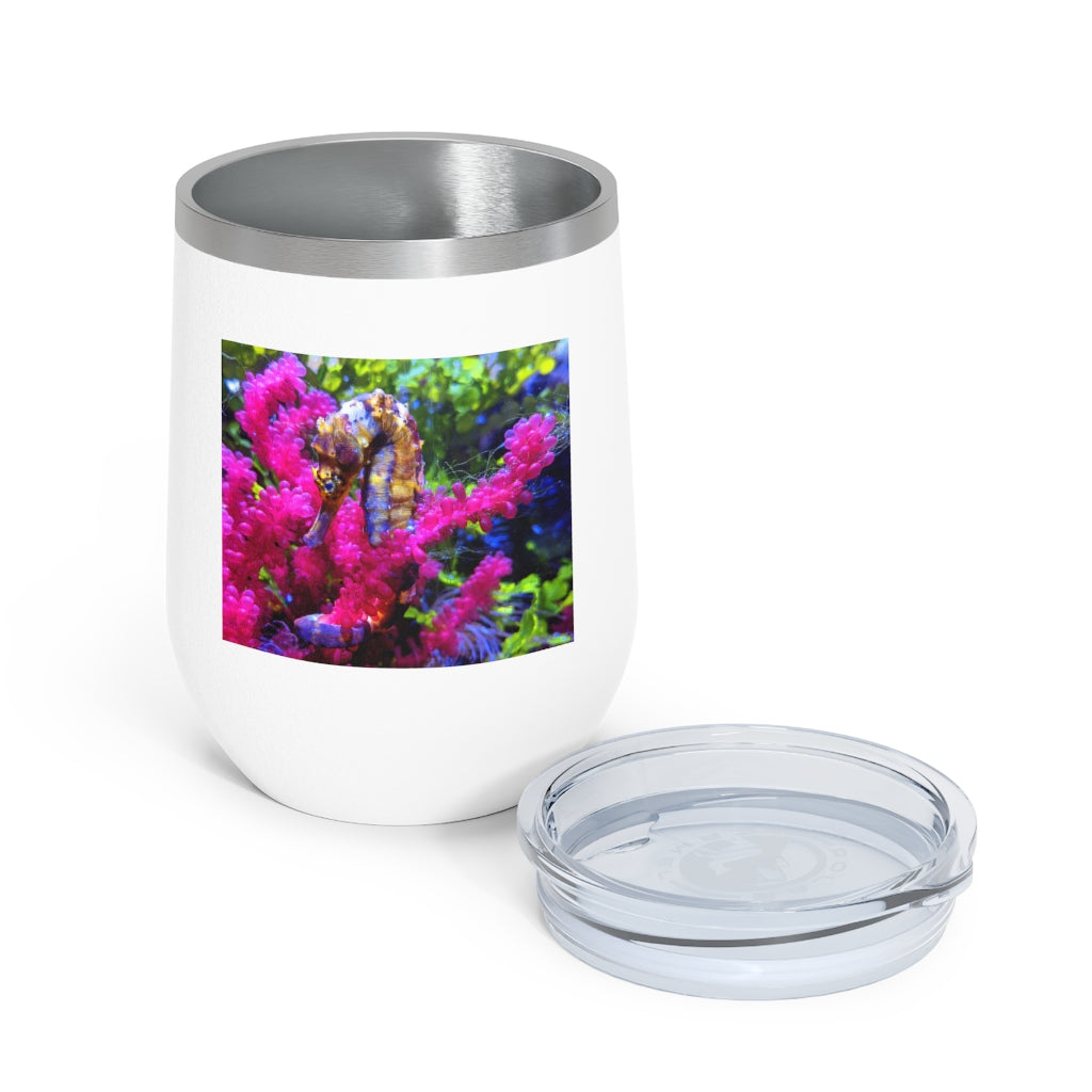 Seahorse 12oz Insulated Wine Tumbler with clear lid, showcasing stylish design and stainless steel finish.