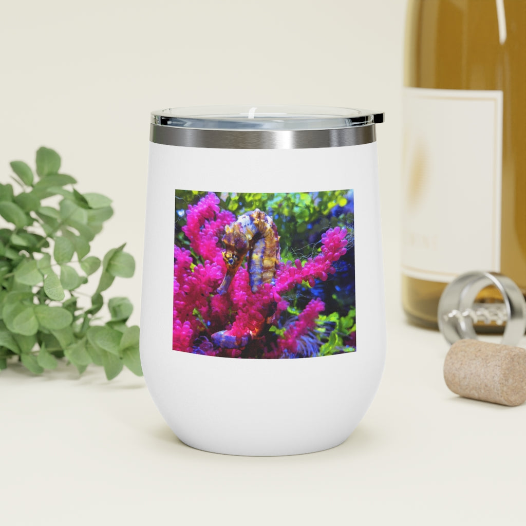 Seahorse 12oz Insulated Wine Tumbler with clear lid, showcasing stylish design and stainless steel finish.