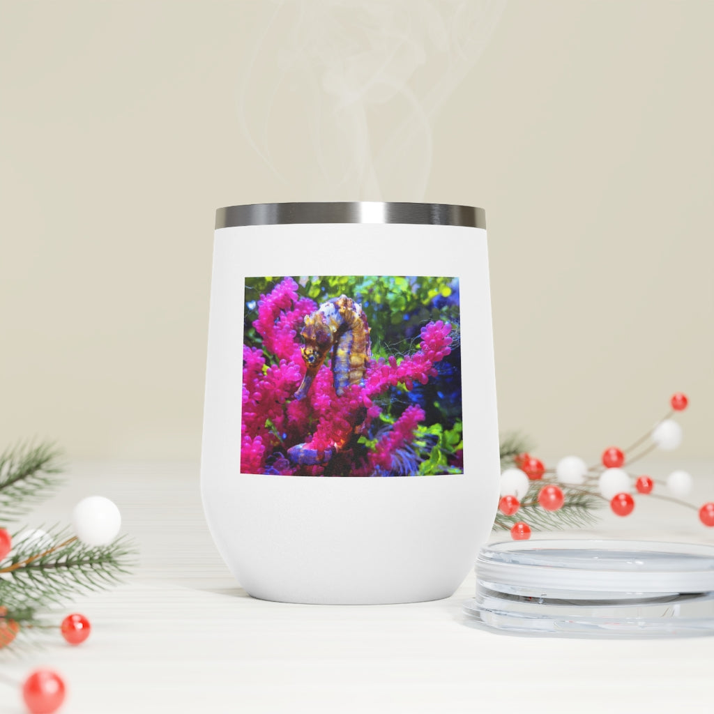 Seahorse 12oz Insulated Wine Tumbler with clear lid, showcasing stylish design and stainless steel finish.