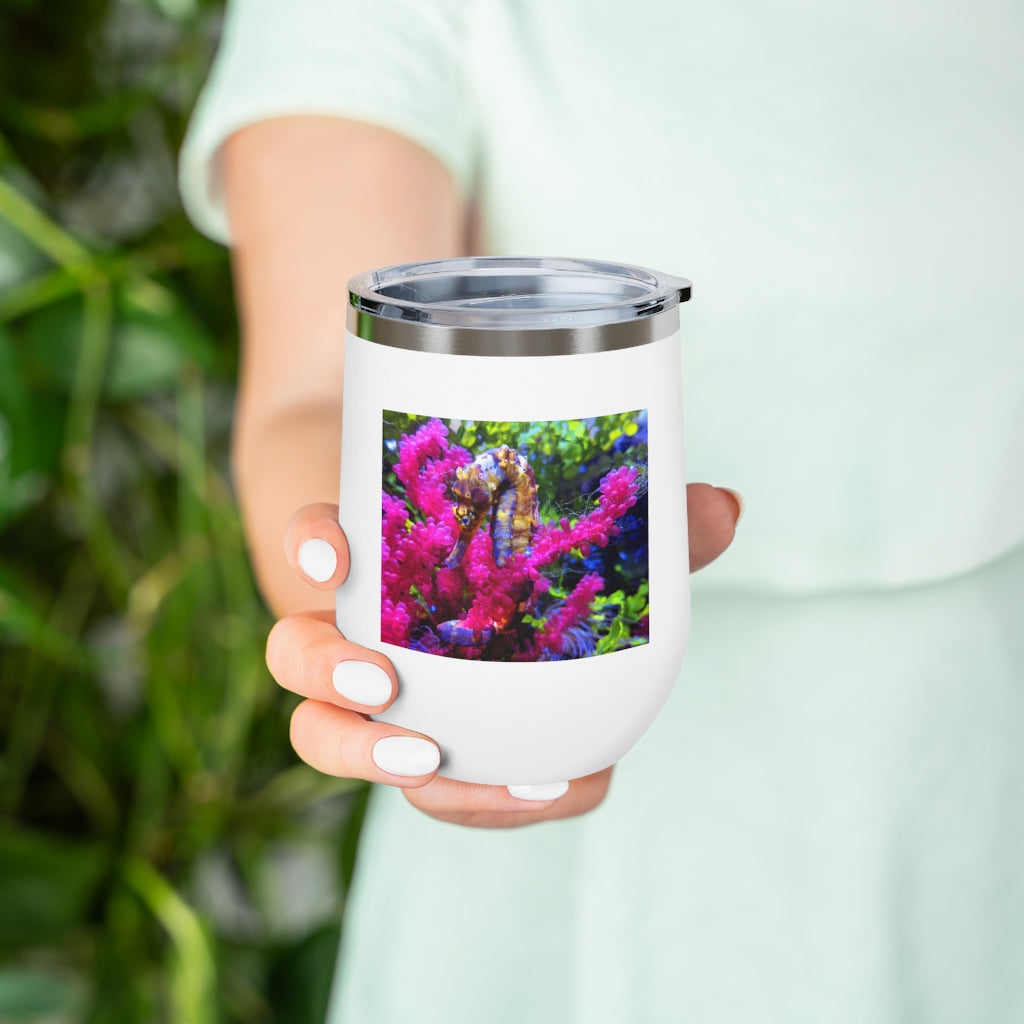 Seahorse 12oz Insulated Wine Tumbler with clear lid, showcasing stylish design and stainless steel finish.