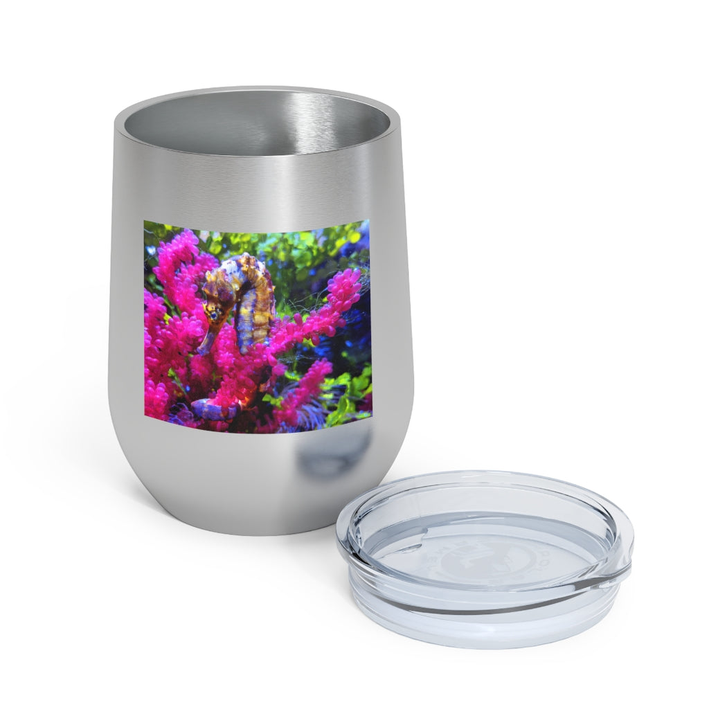 Seahorse 12oz Insulated Wine Tumbler with clear lid, showcasing stylish design and stainless steel finish.
