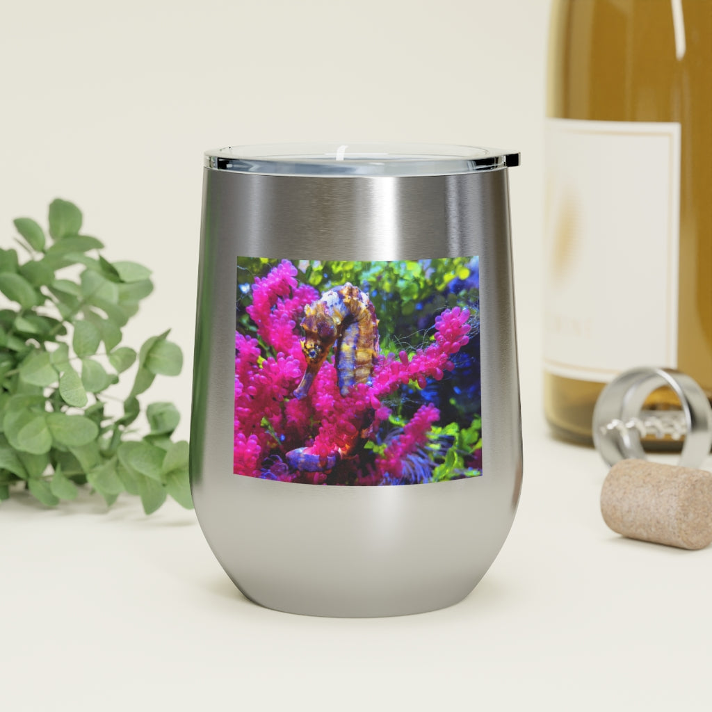 Seahorse 12oz Insulated Wine Tumbler with clear lid, showcasing stylish design and stainless steel finish.