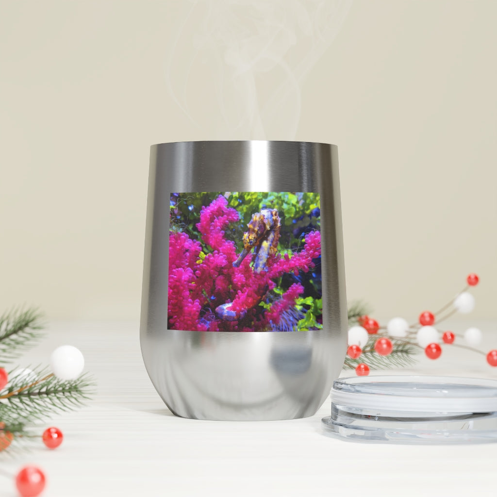Seahorse 12oz Insulated Wine Tumbler with clear lid, showcasing its sleek stainless steel design and vibrant artwork.