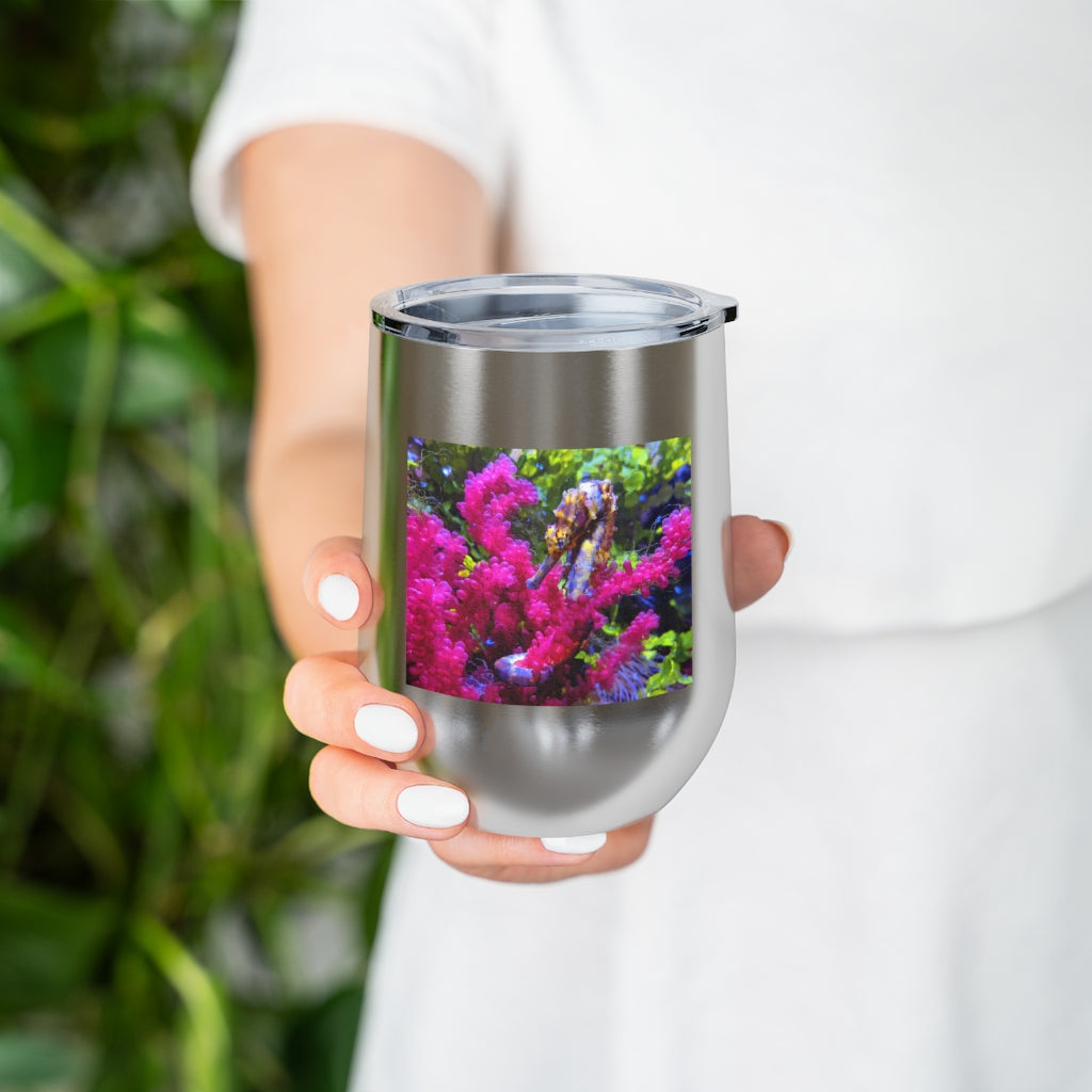 Seahorse 12oz Insulated Wine Tumbler with clear lid, showcasing its sleek stainless steel design and vibrant artwork.