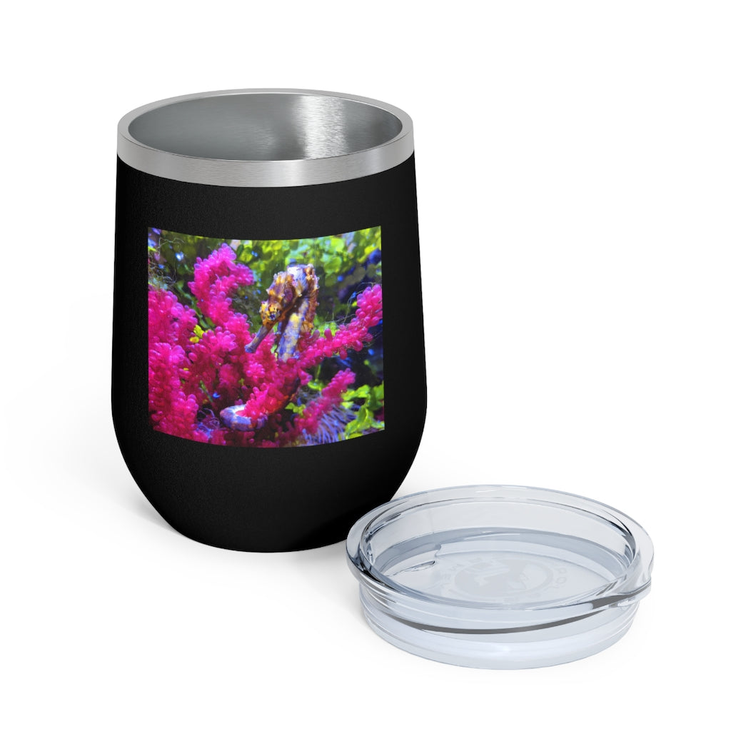 Seahorse 12oz Insulated Wine Tumbler with clear lid, showcasing its sleek stainless steel design and vibrant artwork.
