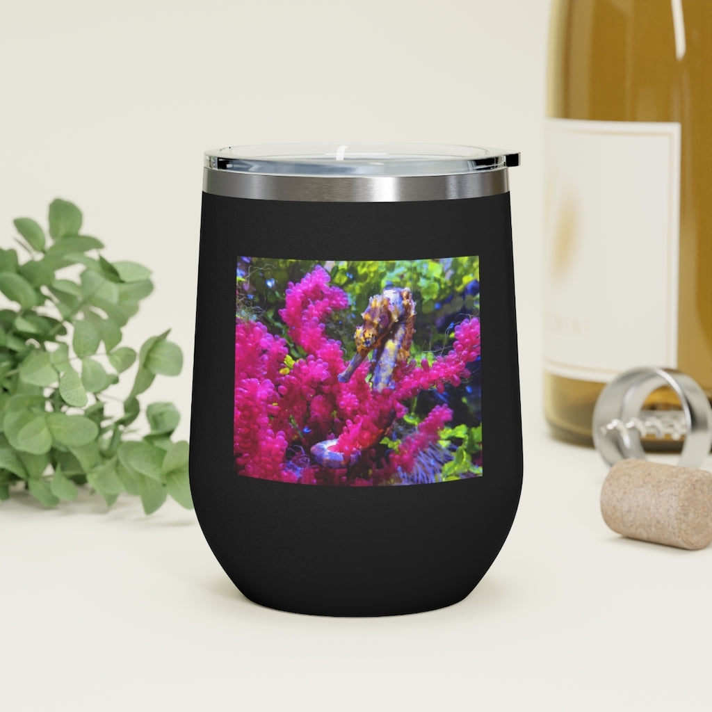 Seahorse 12oz Insulated Wine Tumbler with clear lid, showcasing its sleek stainless steel design and vibrant artwork.