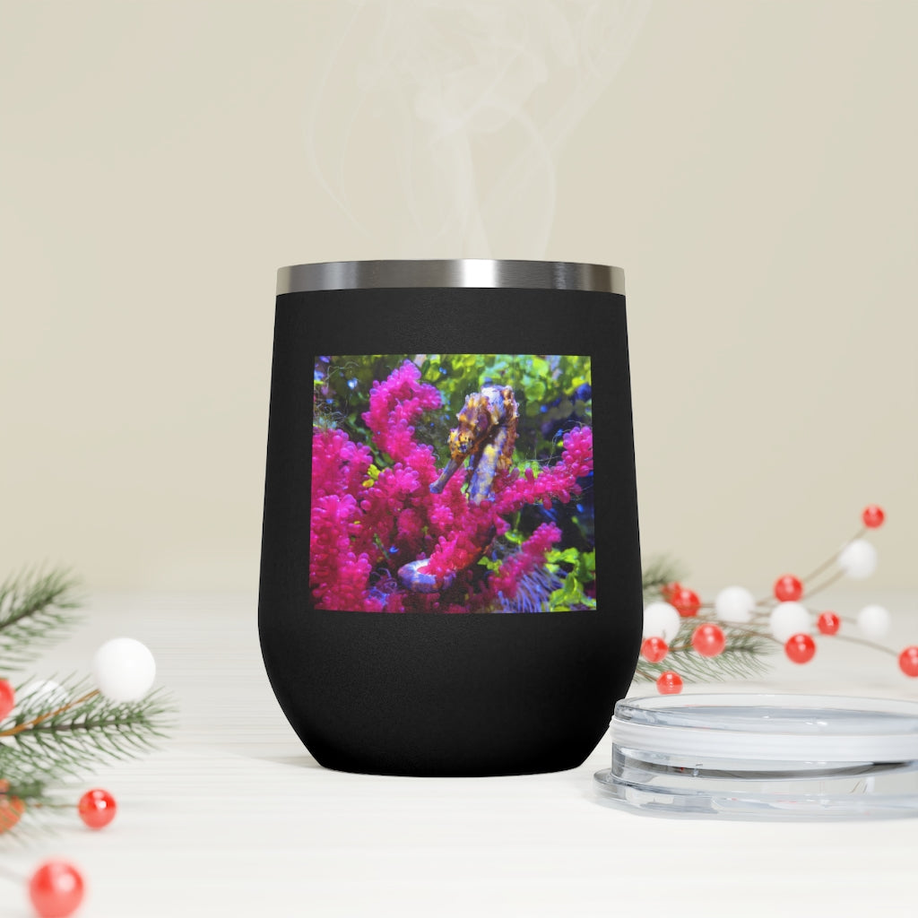 Seahorse 12oz Insulated Wine Tumbler with clear lid, showcasing its sleek stainless steel design and vibrant artwork.
