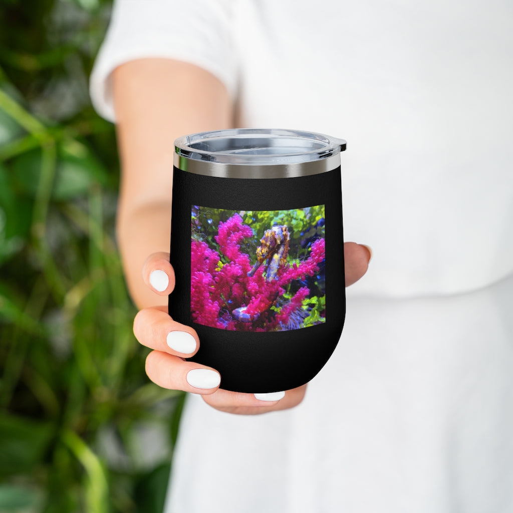Seahorse 12oz Insulated Wine Tumbler with clear lid, showcasing its sleek stainless steel design and vibrant artwork.