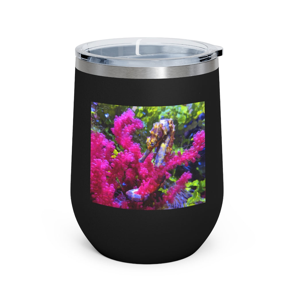 Seahorse 12oz Insulated Wine Tumbler with clear lid, showcasing its sleek stainless steel design and vibrant artwork.
